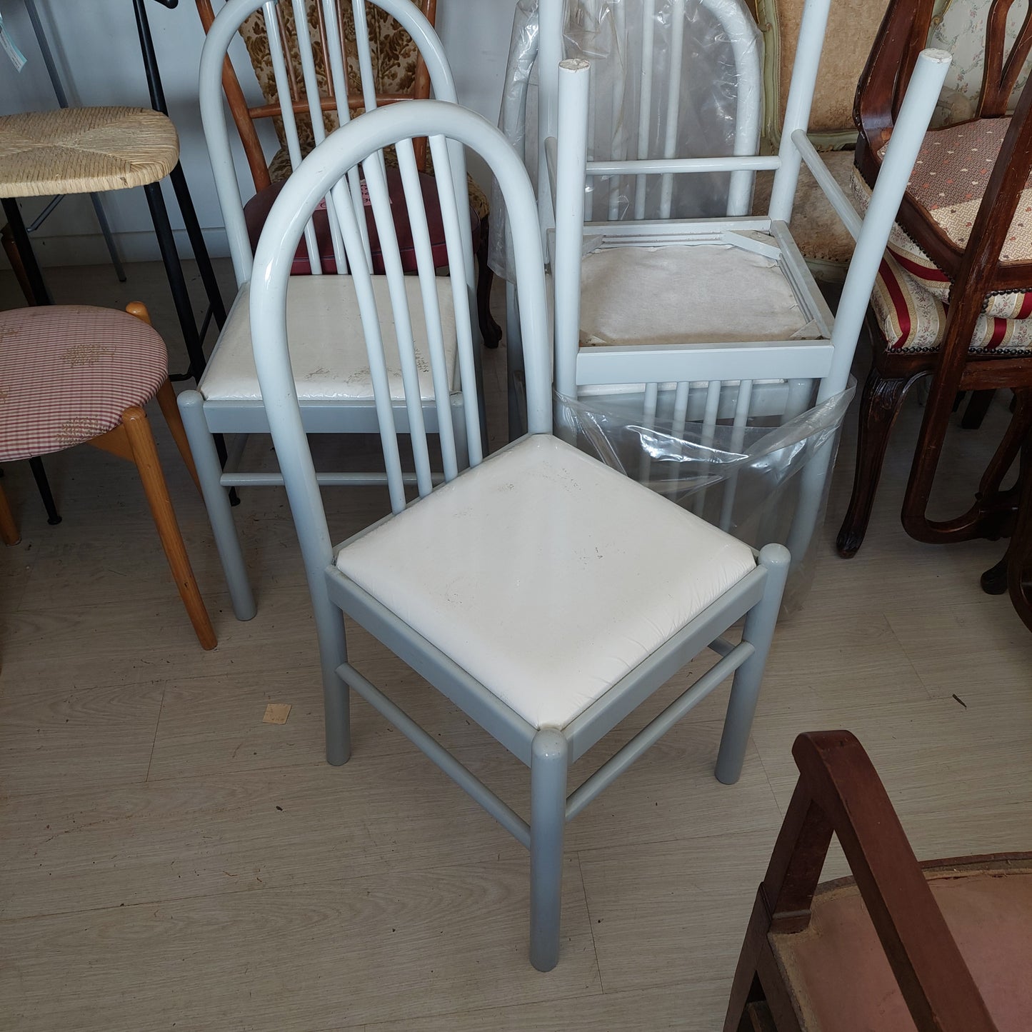 Set/4 Sedie Legno Laccato Grigio Imb. Bianco