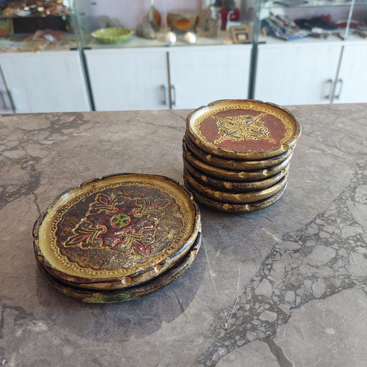 Set/2 Sottobottiglia + 6 Sottobicchieri Vintage Legno Dipinto