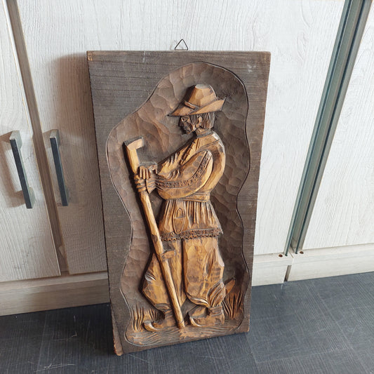 Quadro Contadino Bassorilievo Su Legno Intagliato Cm26x51