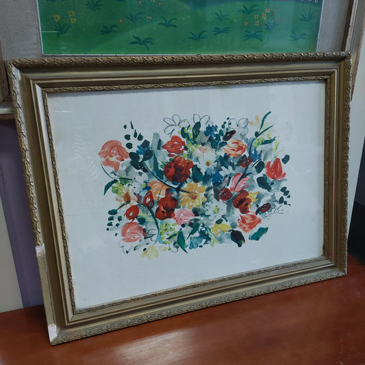 Quadro * Acquarello Fiori Firmato Madoi 60 Cm65,5x50