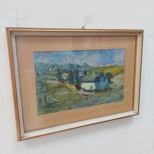 Quadro Paesaggio Con Case Olio Su Tela Cm41,5x30,5