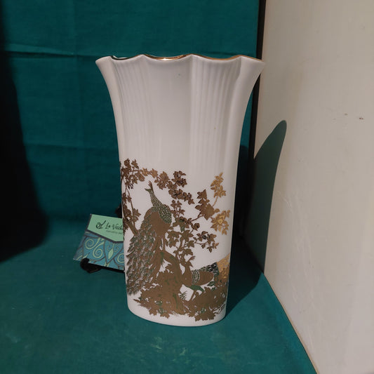 Vaso Porcellana Bianca Decoro Pavoni Oro