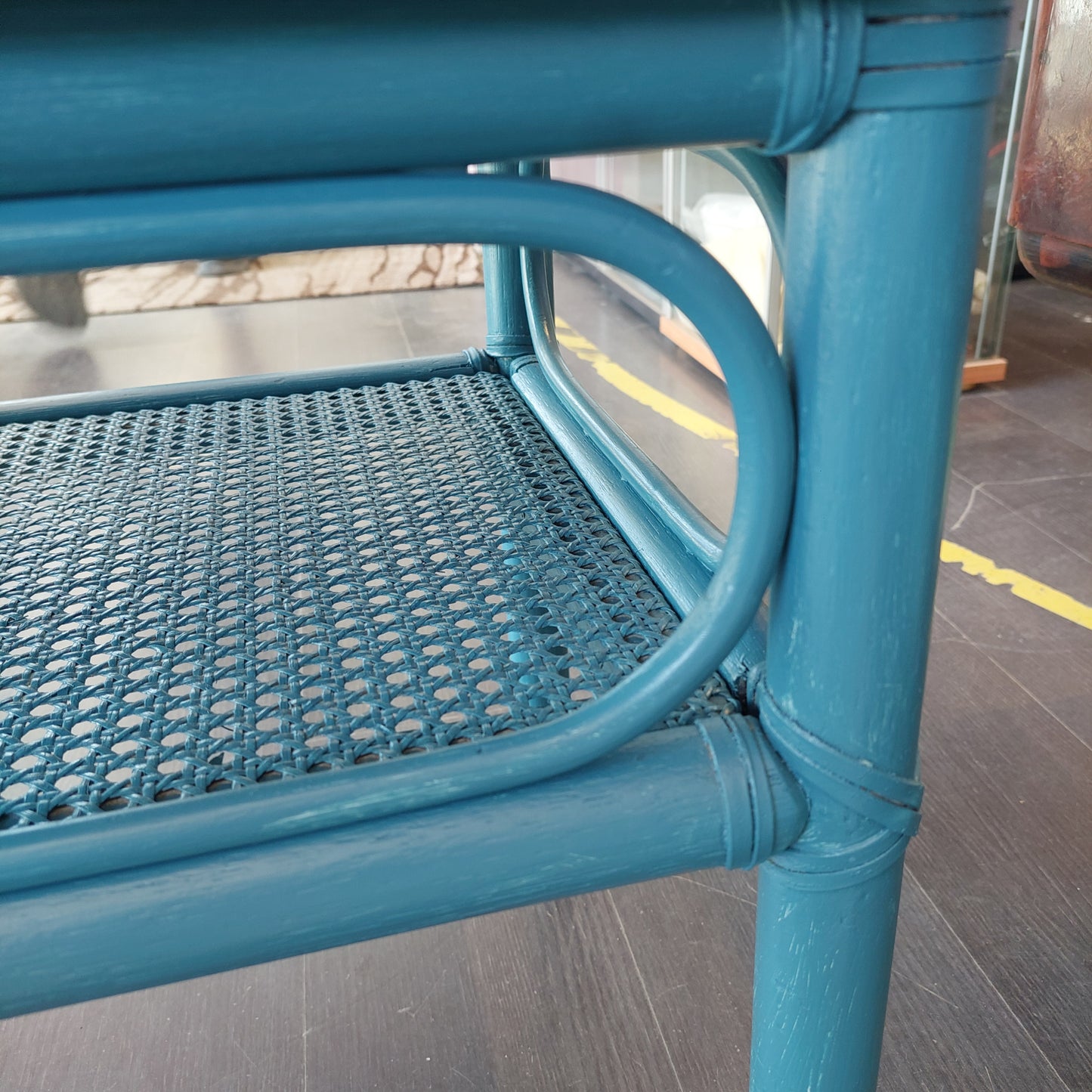 Tavolino Legno Bambù Rattan Blu 2 Ripiani