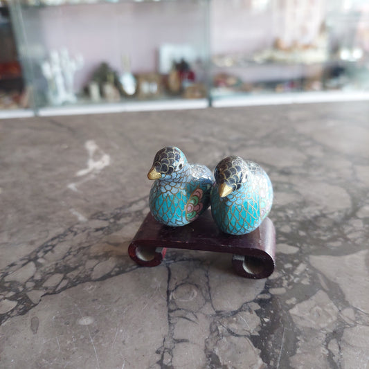 Coppia Uccellini Cloisonne Con Basetta Legno