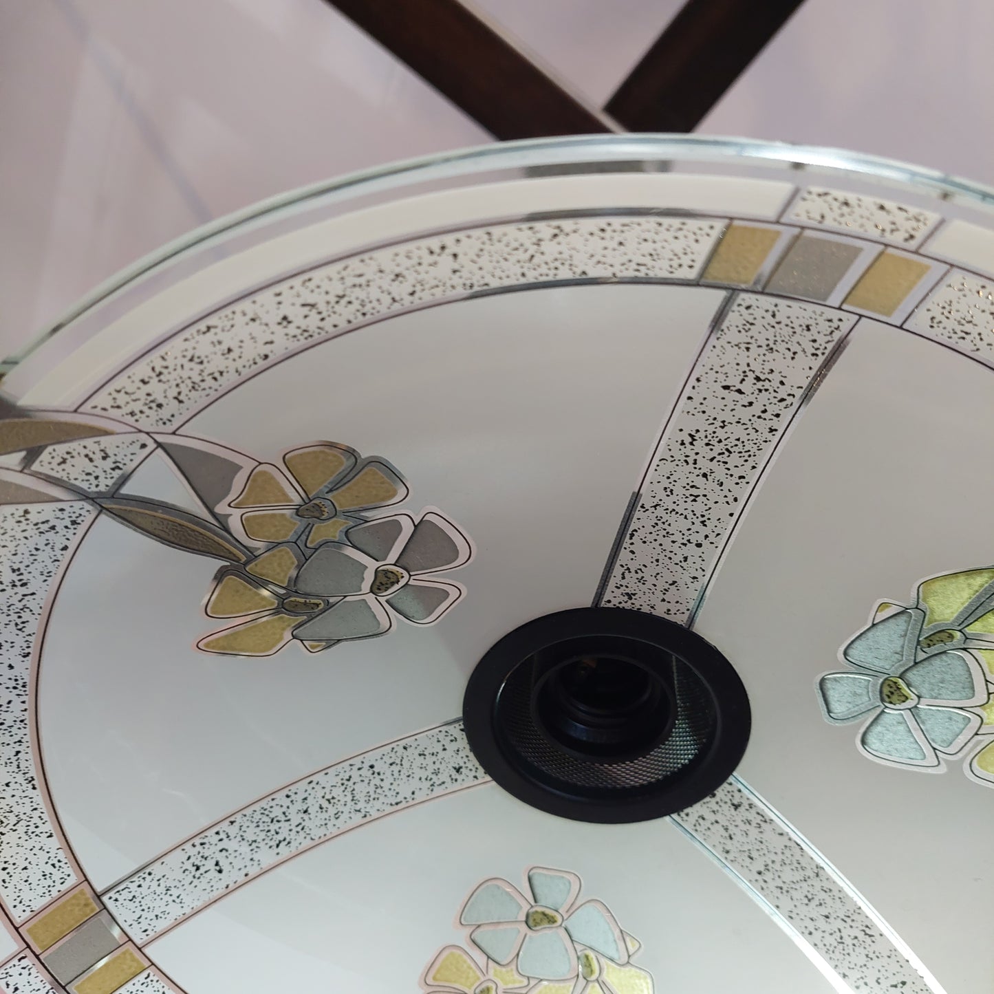 Lampadario Disco Vetro Satinato Fiori Anni 80