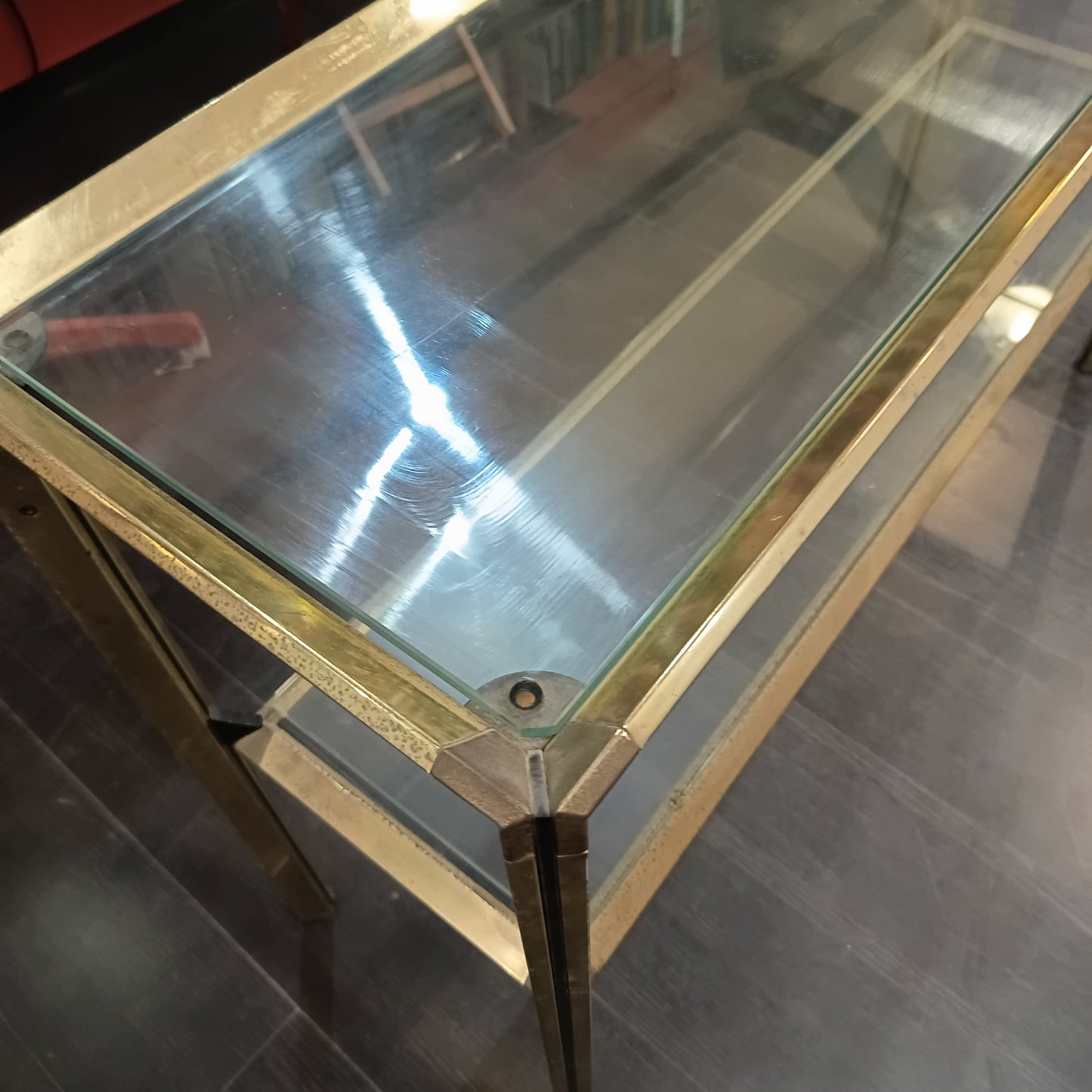 Consolle * 2 Ripiani Metallo Dorato/vetro Anni 70 Cm120x36x79h