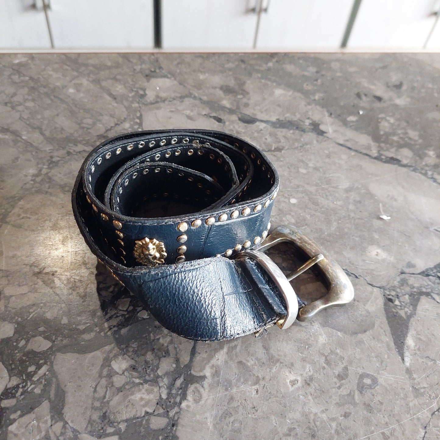 Cintura Nera Vera Pelle Con Borchie Vintage