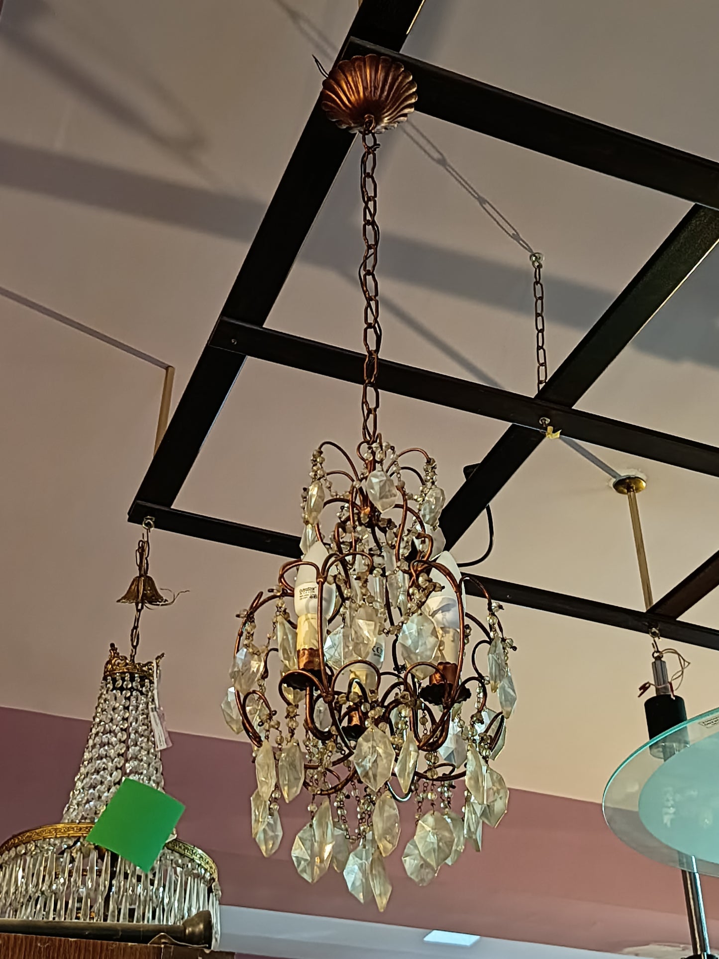 Lampadario Ferro Bronzato Gocce Cristallo 3 Luci