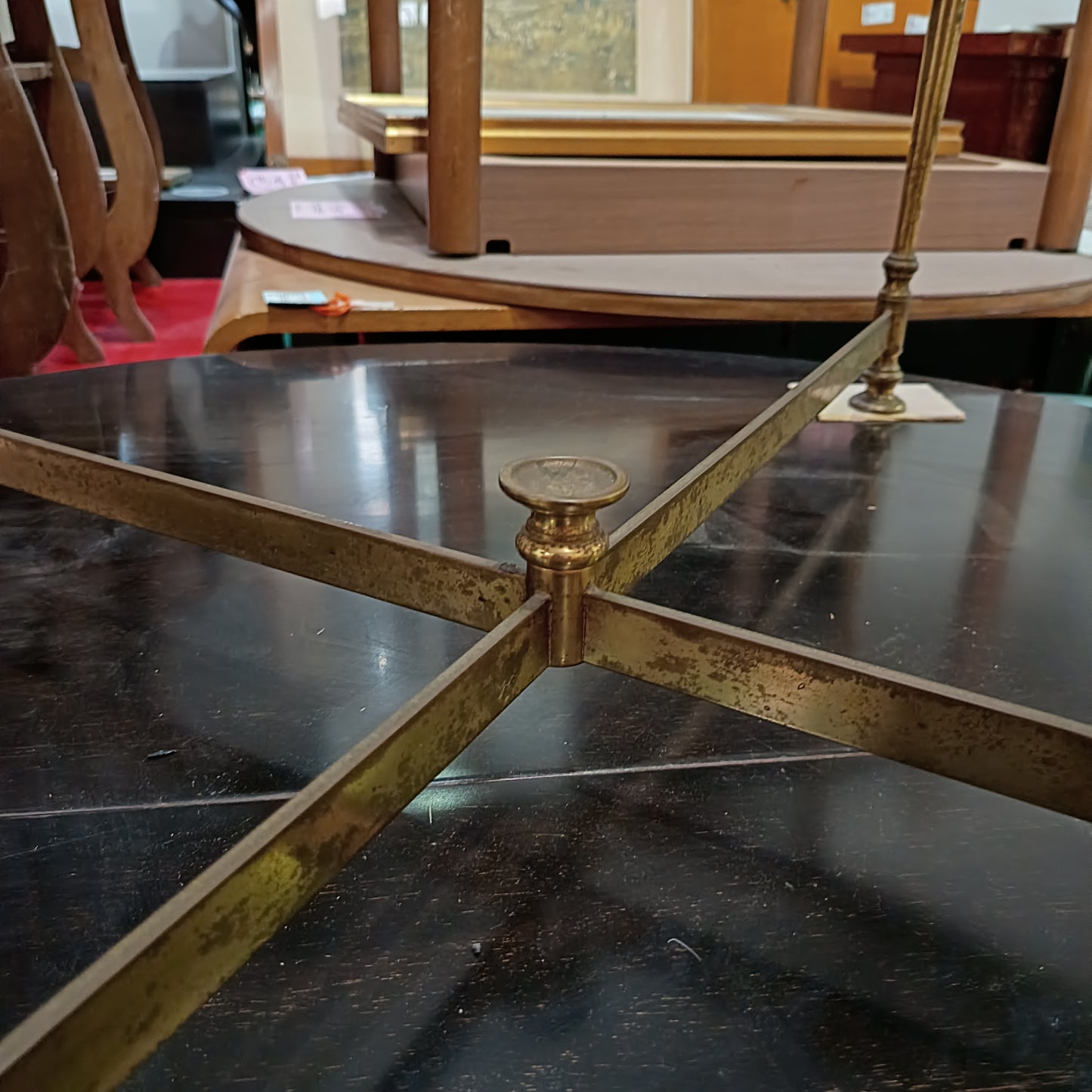 Tavolino Da Caffè Vintage Tondo Ottone C/vetro Anni '70 D.100x45.5
