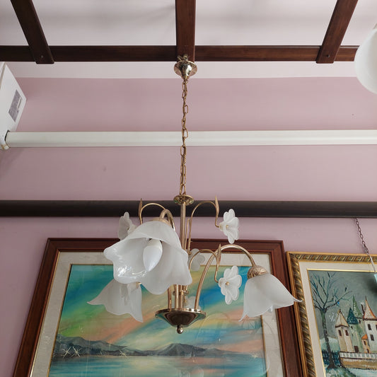 Lampadario Ottone Coppette Fiore Vetro 3 Luci
