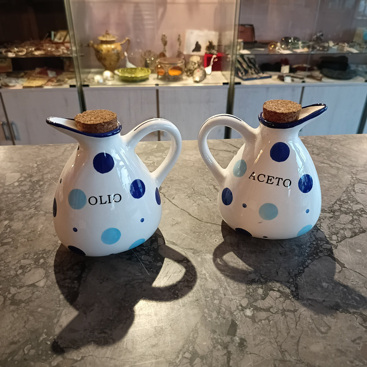 Set/2 Pz Pois Azzurri Olio E Aceto Nataluna Dipinto A Mano