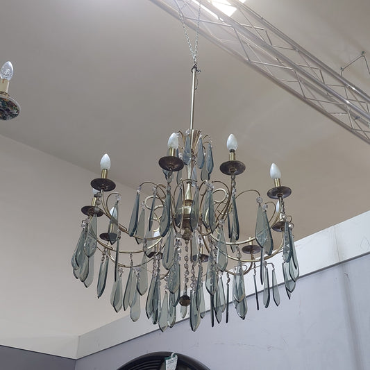 Lampadario Metallo Gocce Vetro Fume' Anni 70 10/luci