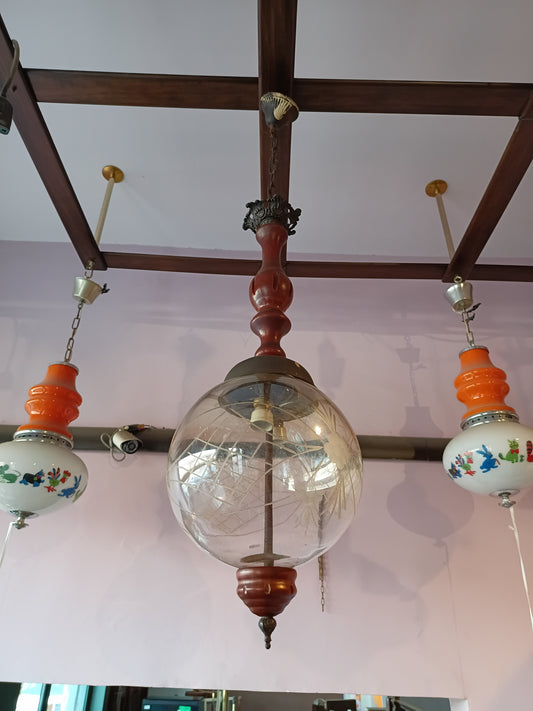 Lampadario Legno Ottone Boccia Vetro Serigrafato 2 Luci