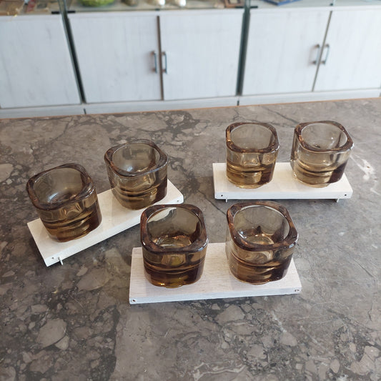Set/6 Bicchierini Vetro Fumè Basette Legno