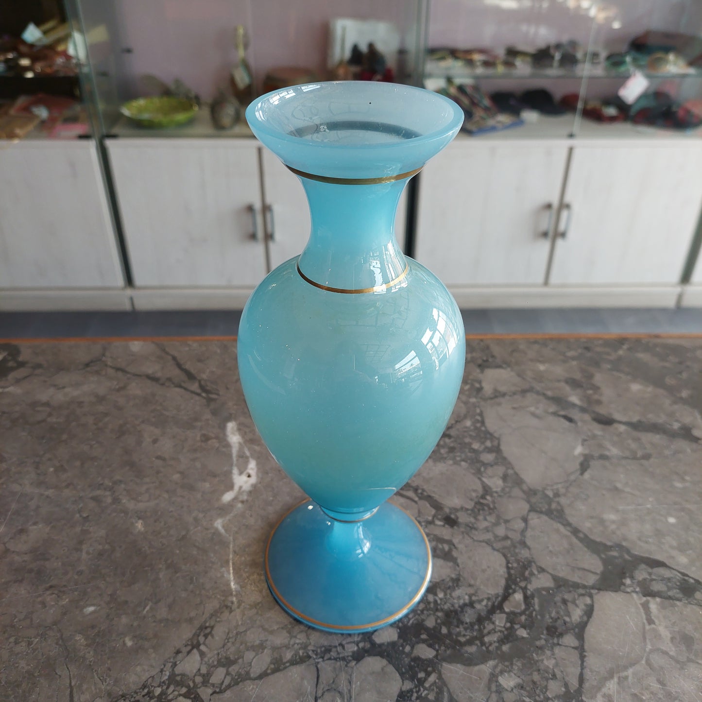 Vaso Antico Francese Opalino Turchese Bordo Oro