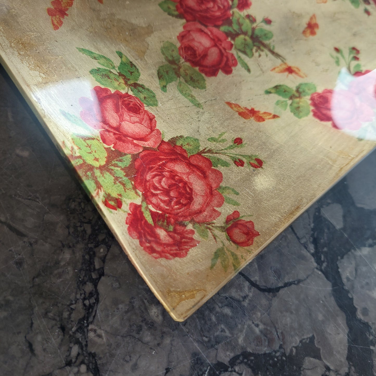 Vassoio Vetro Decoro Oro Con Rose Cm25x41