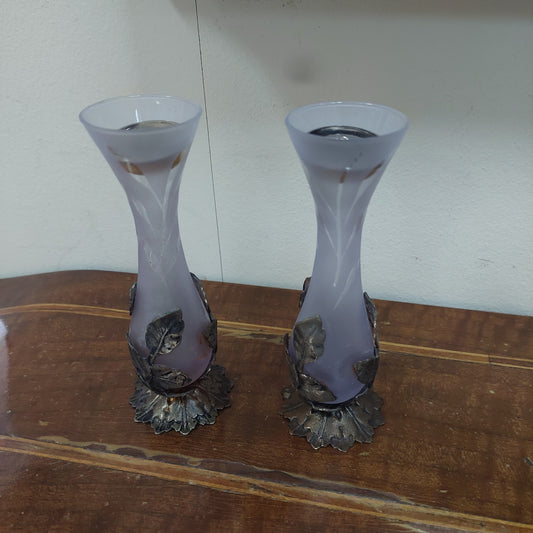 Coppia Vasetti Vetro Glicine Silver Plated Anni 50