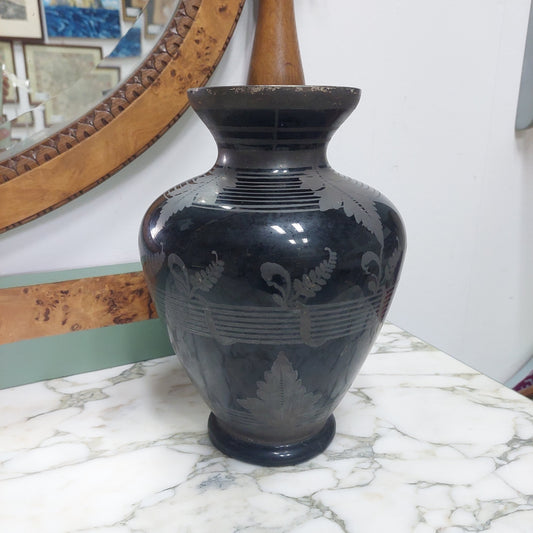 Vaso Vetro Nero Ialitico Dec Argento Art Decò H27