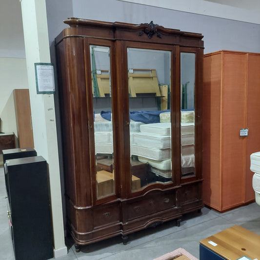 Armadio Legno Fine '800 3 Ante Con Specchio Cm180x60x243