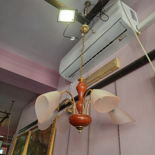 Lampadario Legno Ottone * 5 Coppe Vetro Rosa
