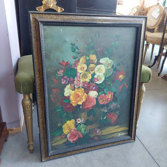 Quadro Olio Su Tela* Vaso Con Fiori Cornice Antica