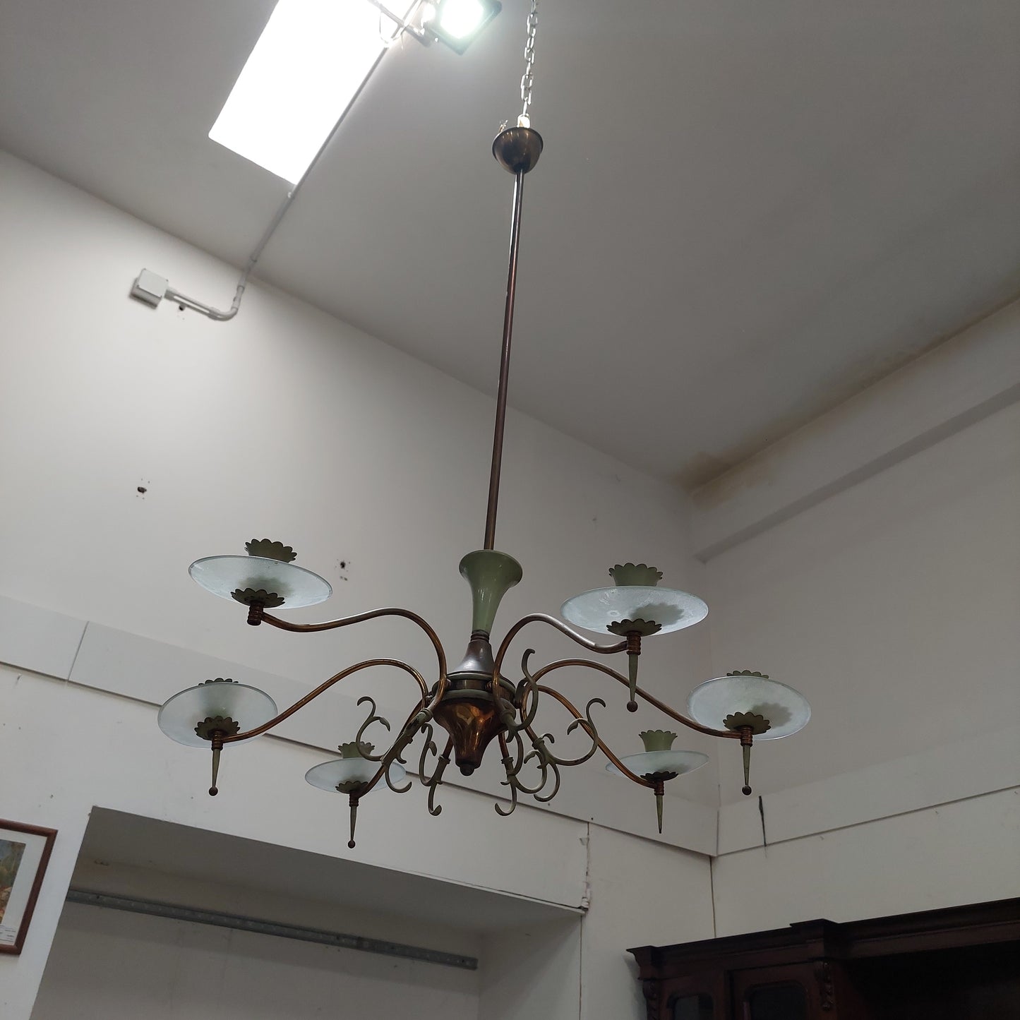 Lampadario Ottone/metallo Verde  Anni 50 6/luci