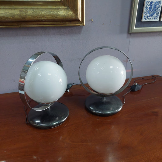Coppia Abat Jour Cromata/sfera Vetro Opalino Space Age 1/l