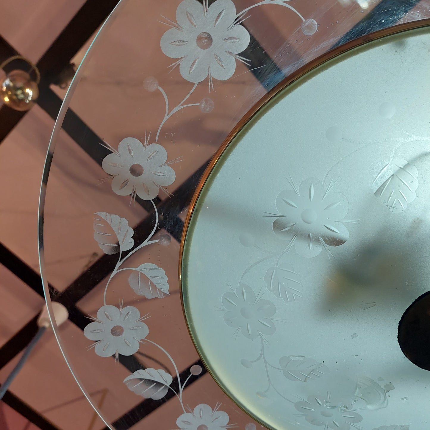 Lampadario Ottone Disco Vetro Fiori 3/luci Anni 30