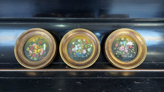 Set/3 Quadretti Tondi Fiori Dipinto Olio Su Tela