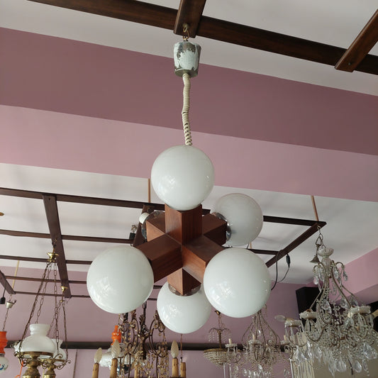 Lampadario Legno Coppette Vetro* Opalino 6 / Luci
