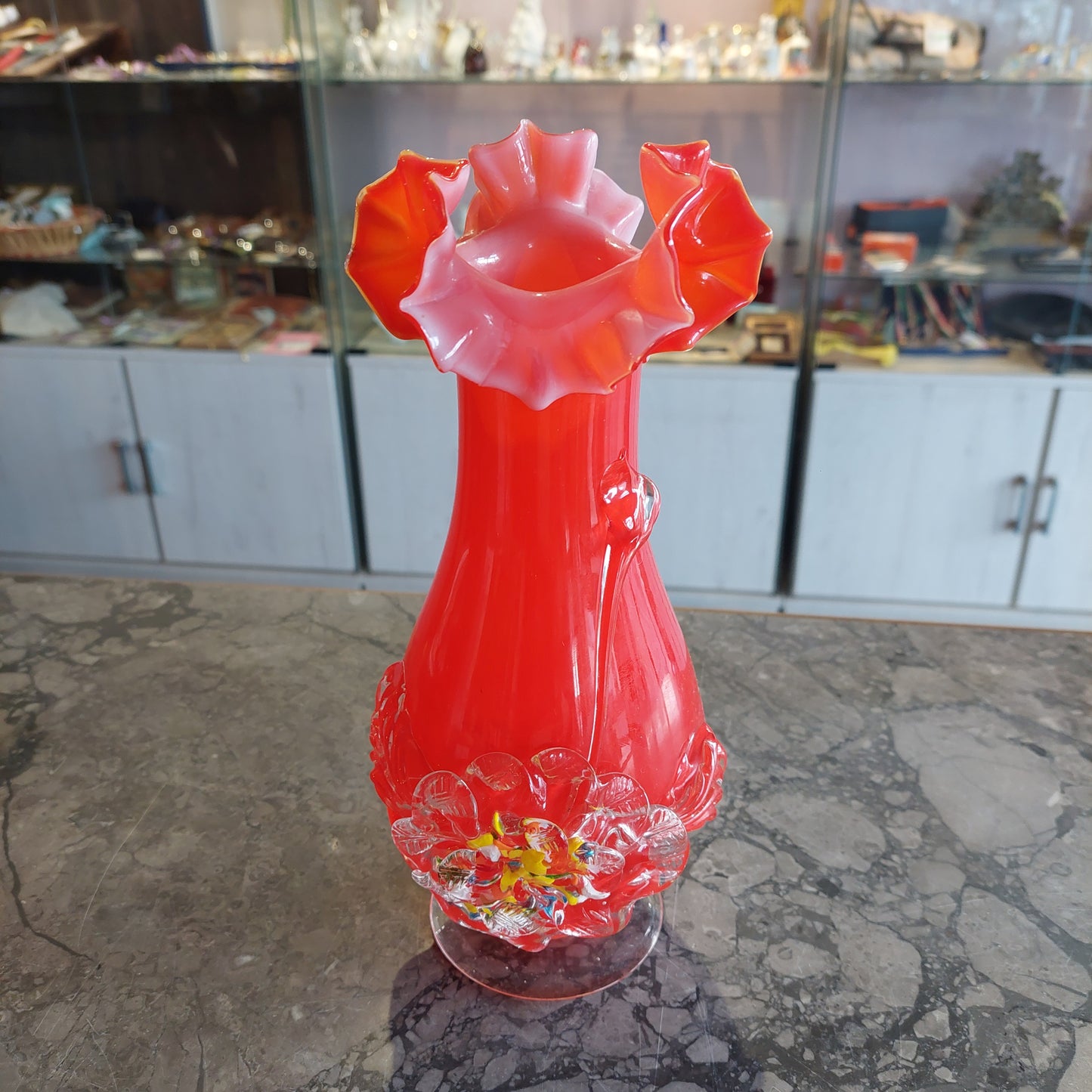 Vaso Vetro Di Murano Rosso Anni 50 H25