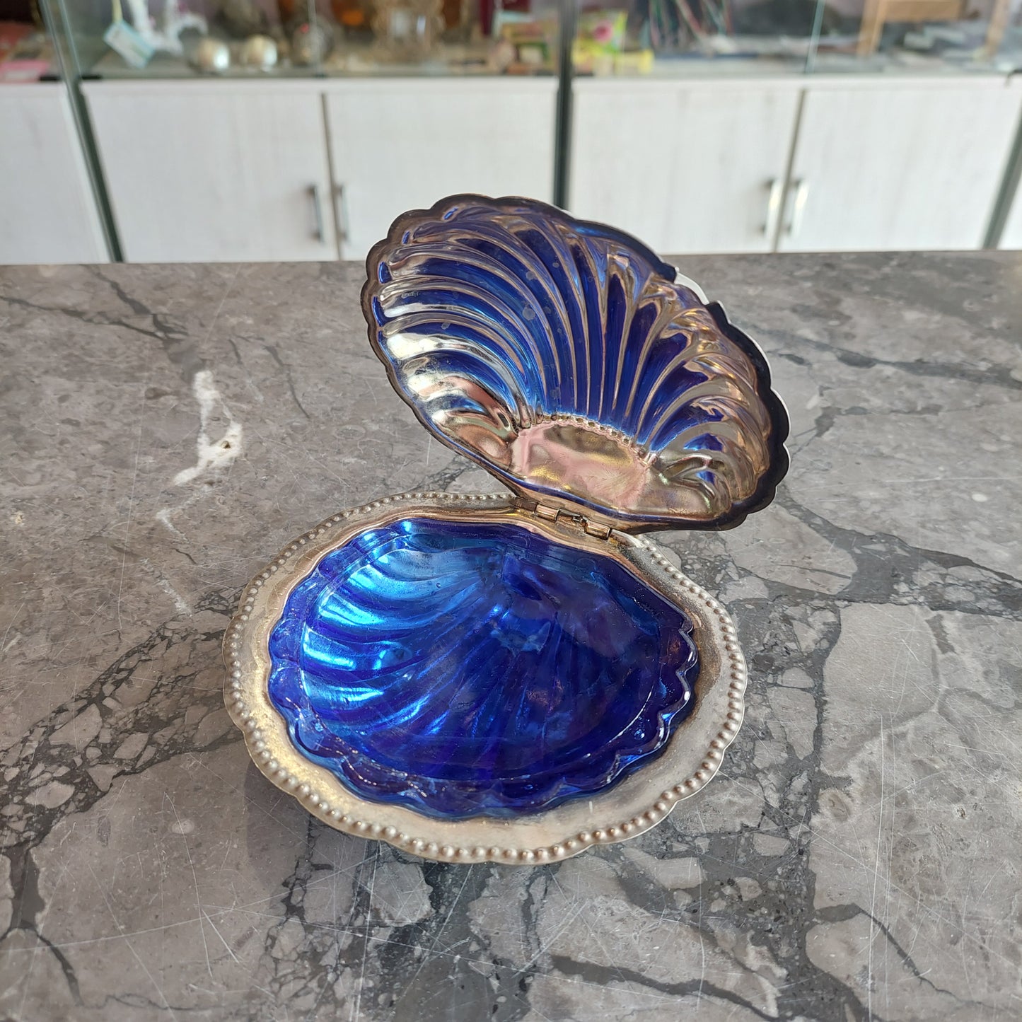 Formaggiera Conchiglia Silver Vetro Blu Vintage