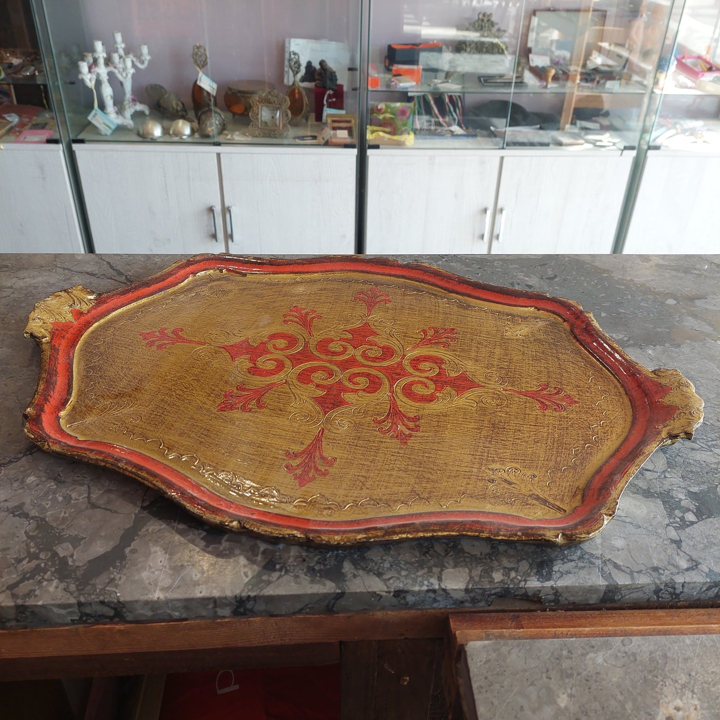 Vassoio Legno Oro Dipinto Primi 900 Cm55x39