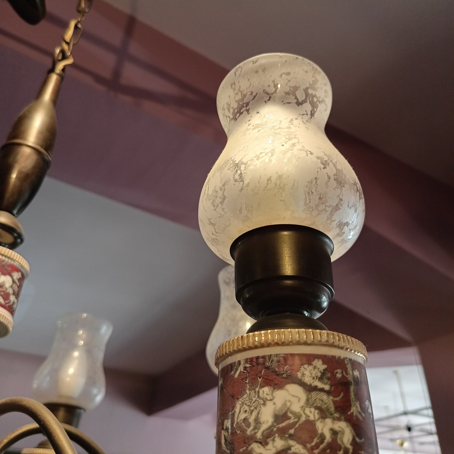 Lampadario Ottone Porcellana Coppe Vetro 6 Luci Anni 50