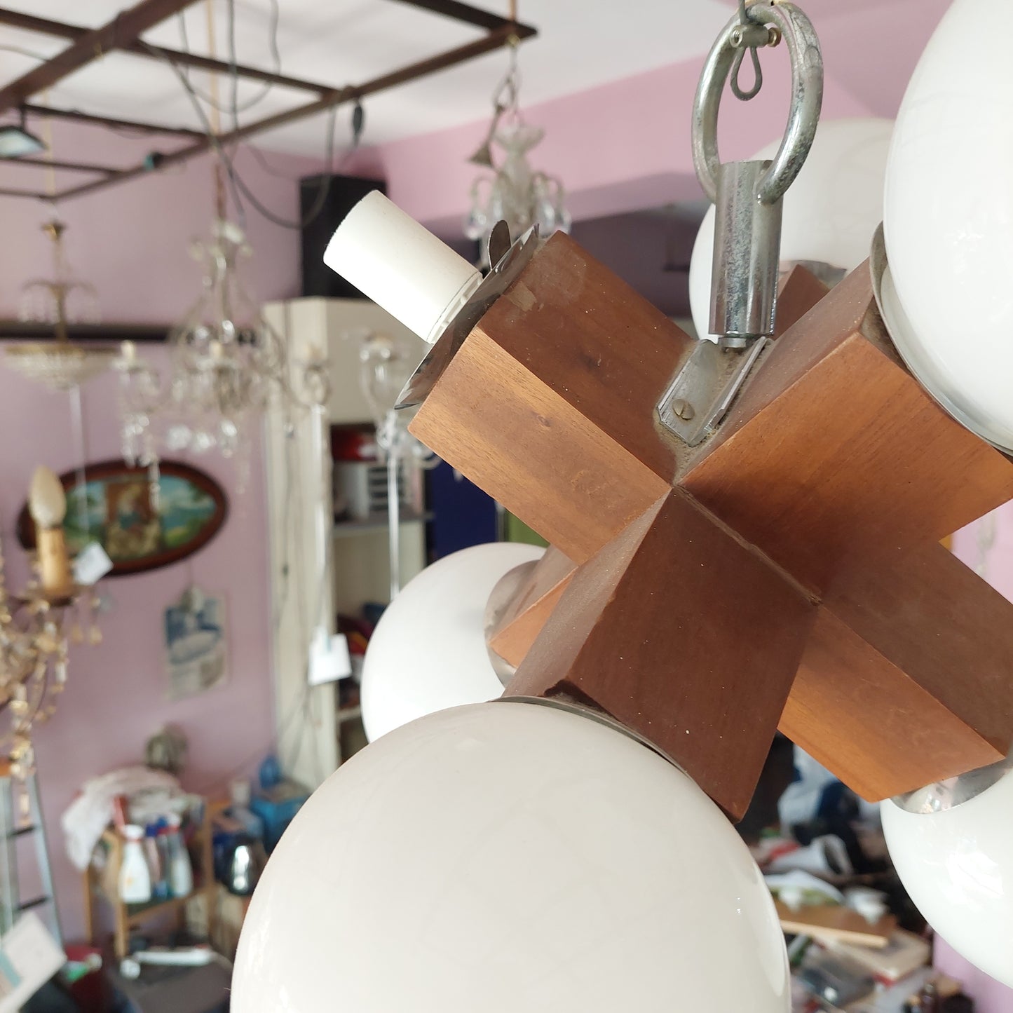 Lampadario Legno Coppette Vetro* Opalino 6 / Luci