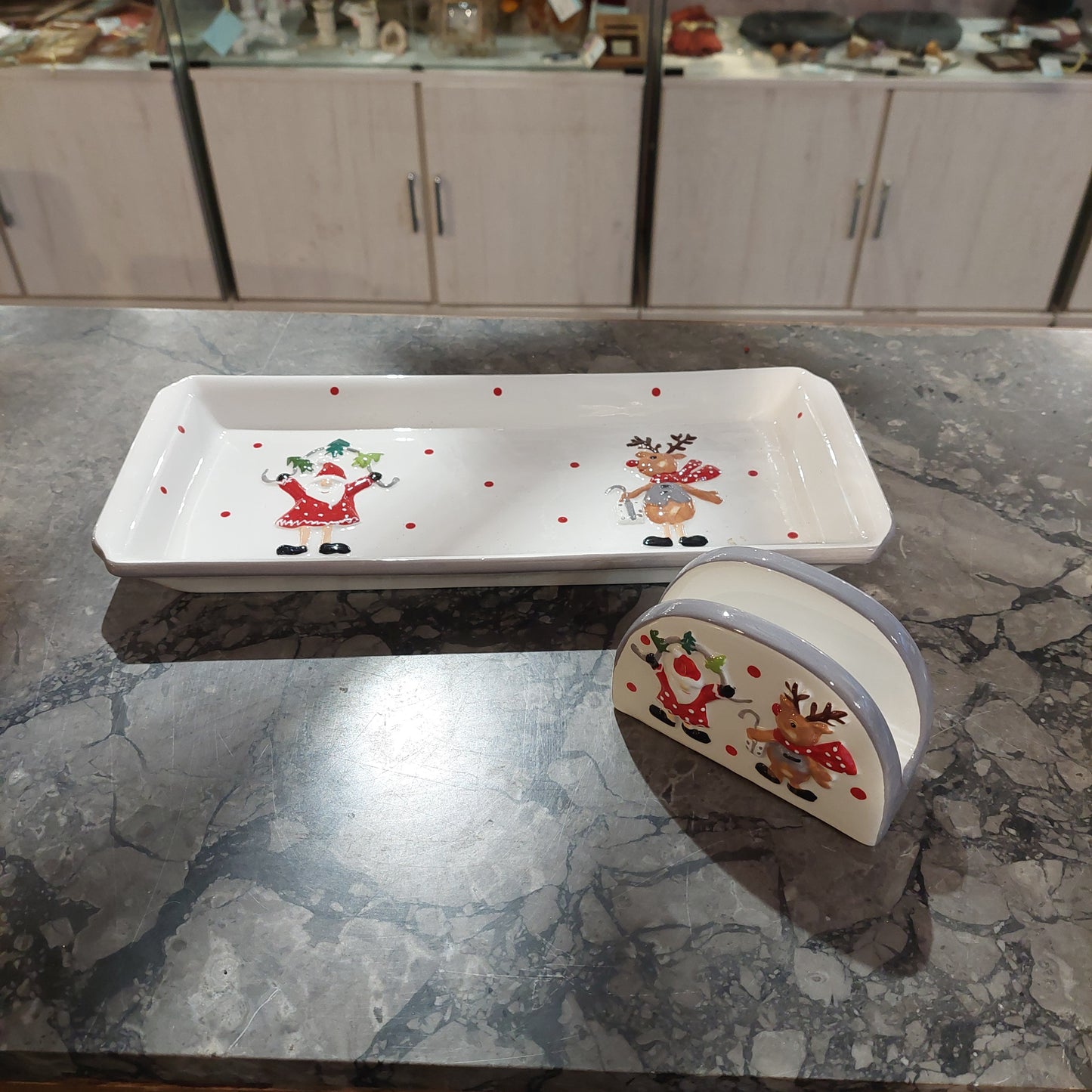 Set Vassoio/portatovaglioli Natalizio Ceramica