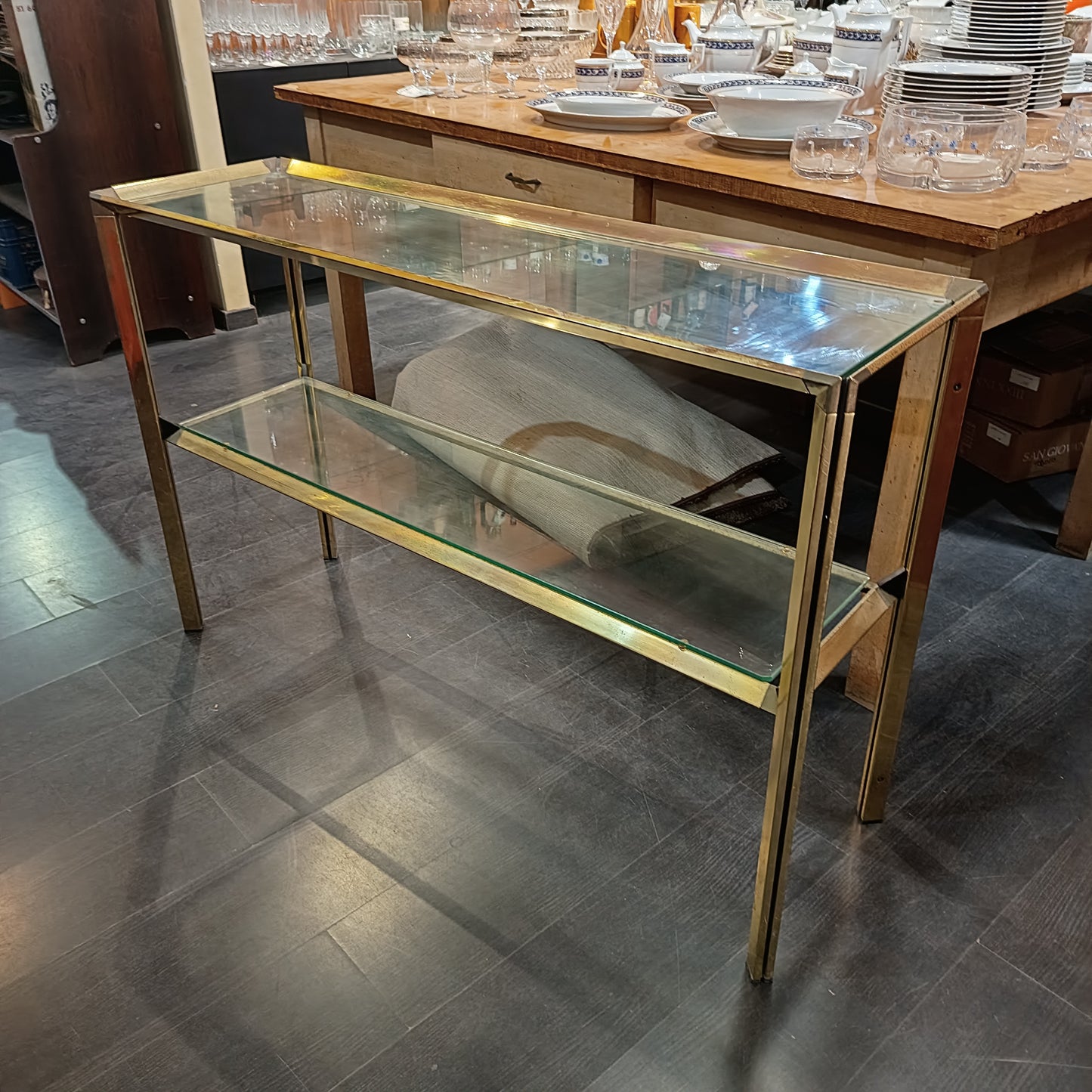 Consolle * 2 Ripiani Metallo Dorato/vetro Anni 70 Cm120x36x79h