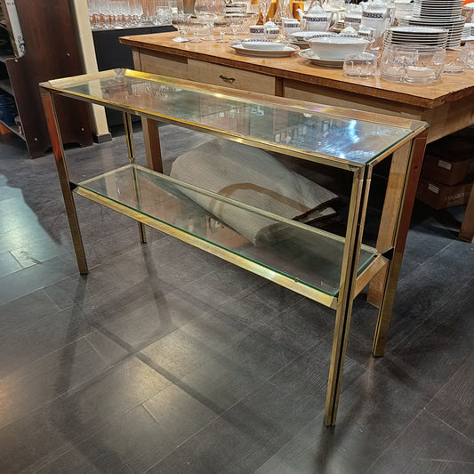 Consolle * 2 Ripiani Metallo Dorato/vetro Anni 70 Cm120x36x79h