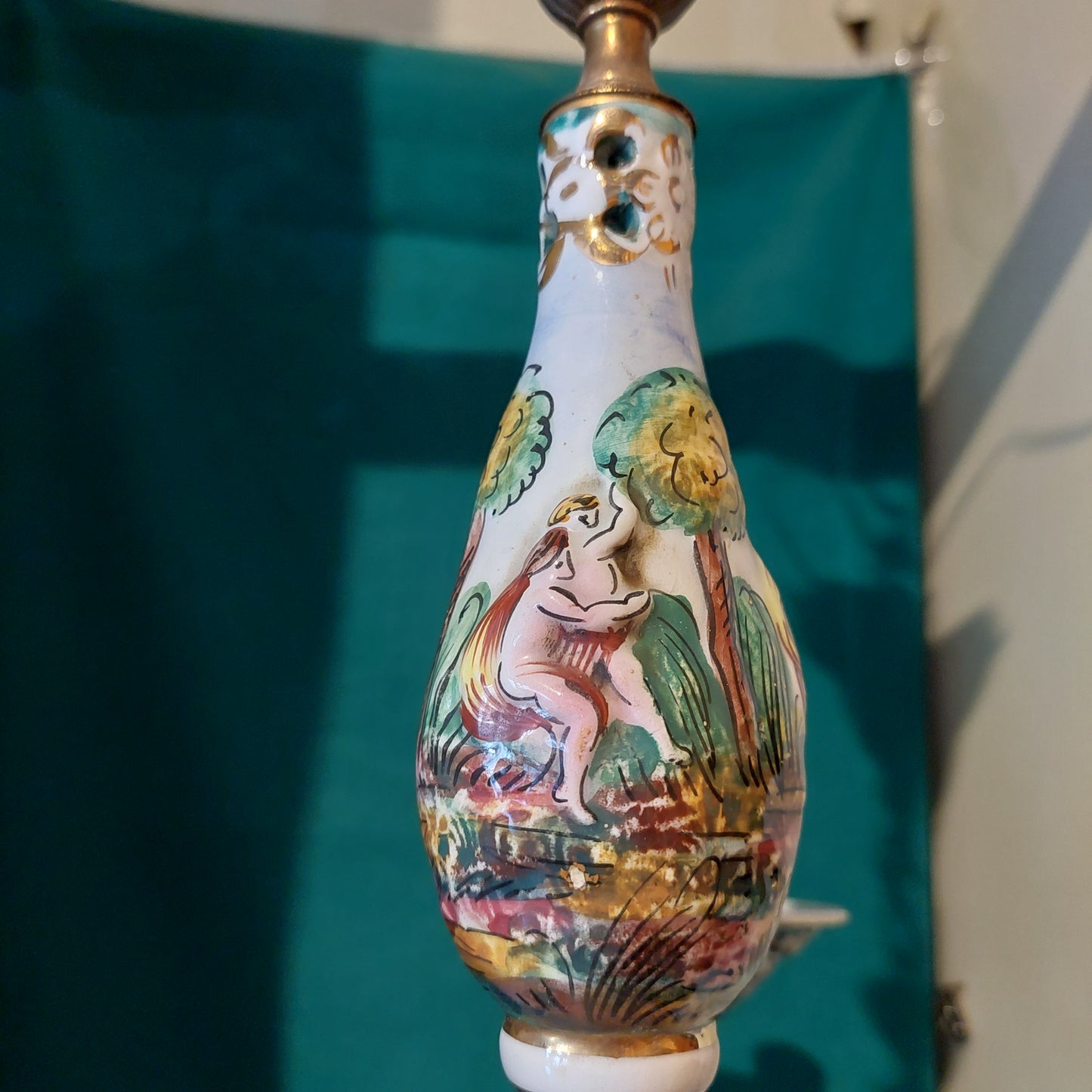 Lampadario Ottone Porcellana Capodimonte 3 Luci