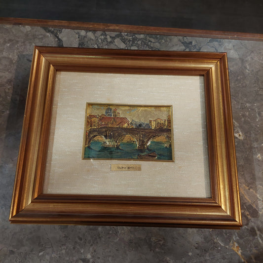 Quadro Vecchio Ponte Firmato Imperiale Su Lamina Oro Cm35x30