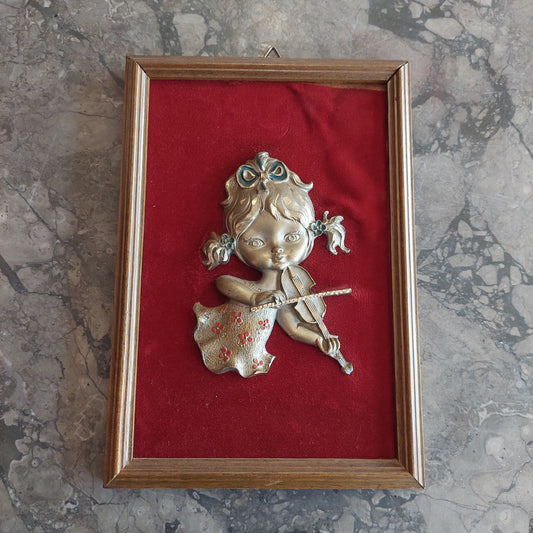 Quadretto * Bimba Con Violino In Peltro Vintage Cm18x26