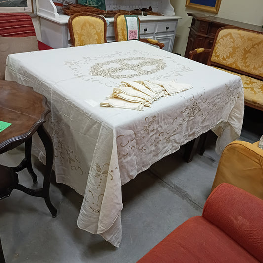 Tovaglia* Ecrù Cm176x250 Ricamata Con Applicazioni + 12 Tovaglioli