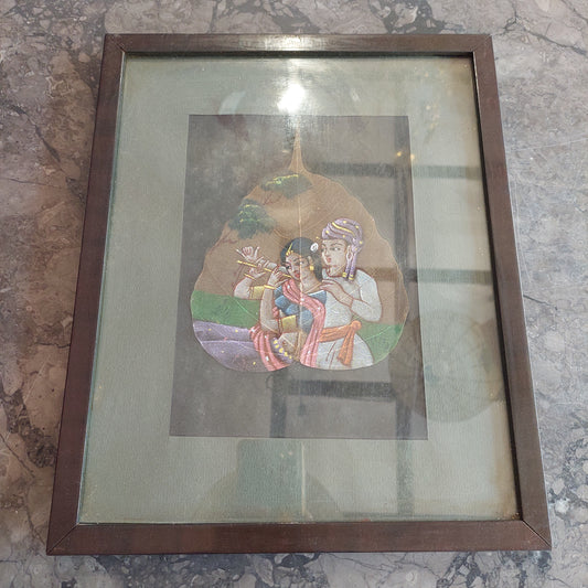 Quadro Scena Indiana Dipinta Su Foglia Cm27,5x34