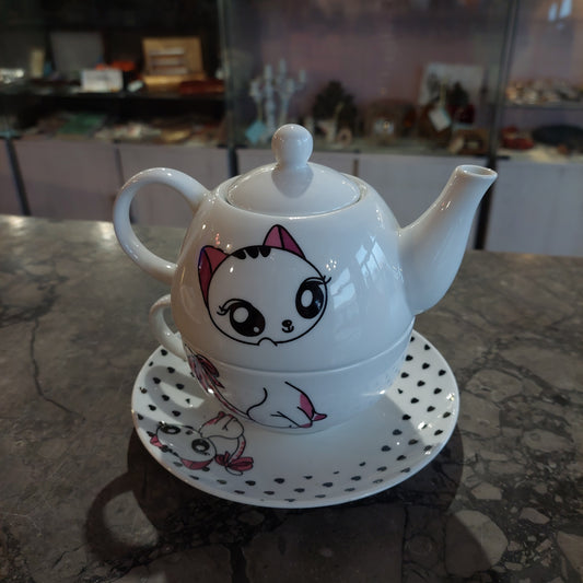 Teiera Con Tazza Porcellana Decoro Gattino