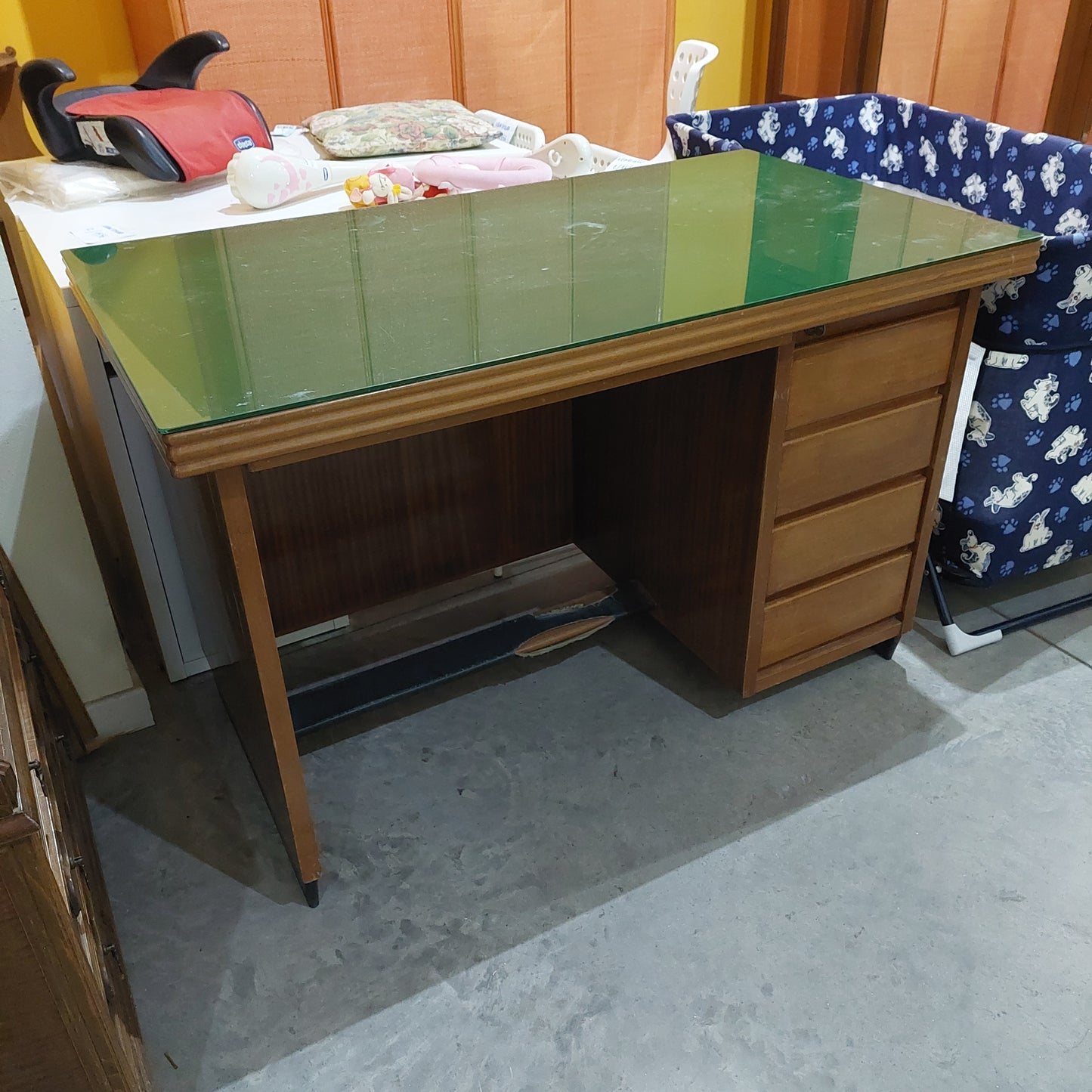 Scrivania* Legno/piano Vetro Verde Anni 60 Cm125x70x80h