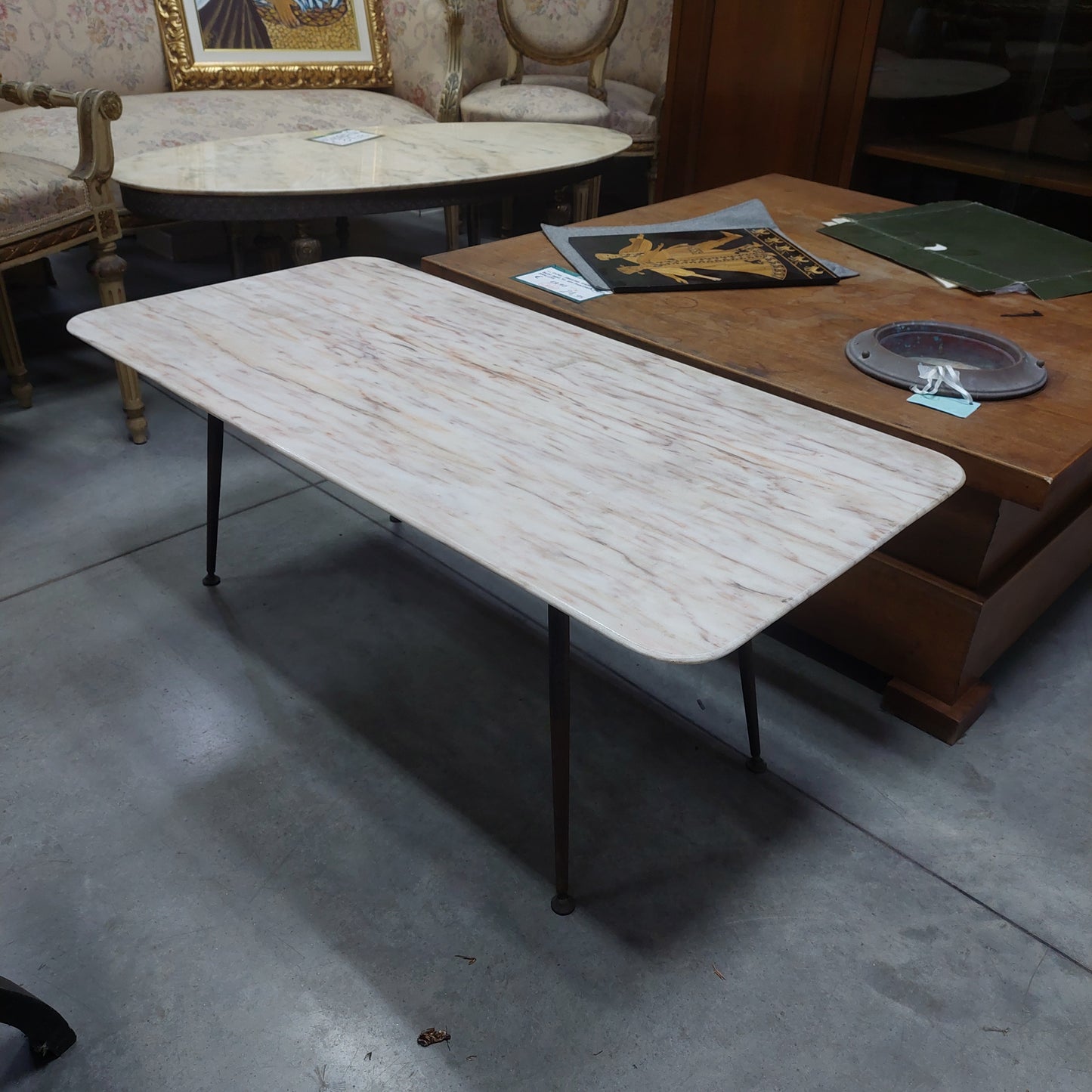 Tavolino Ferro Piano Marmo Anni 50 Cm100x50x42h
