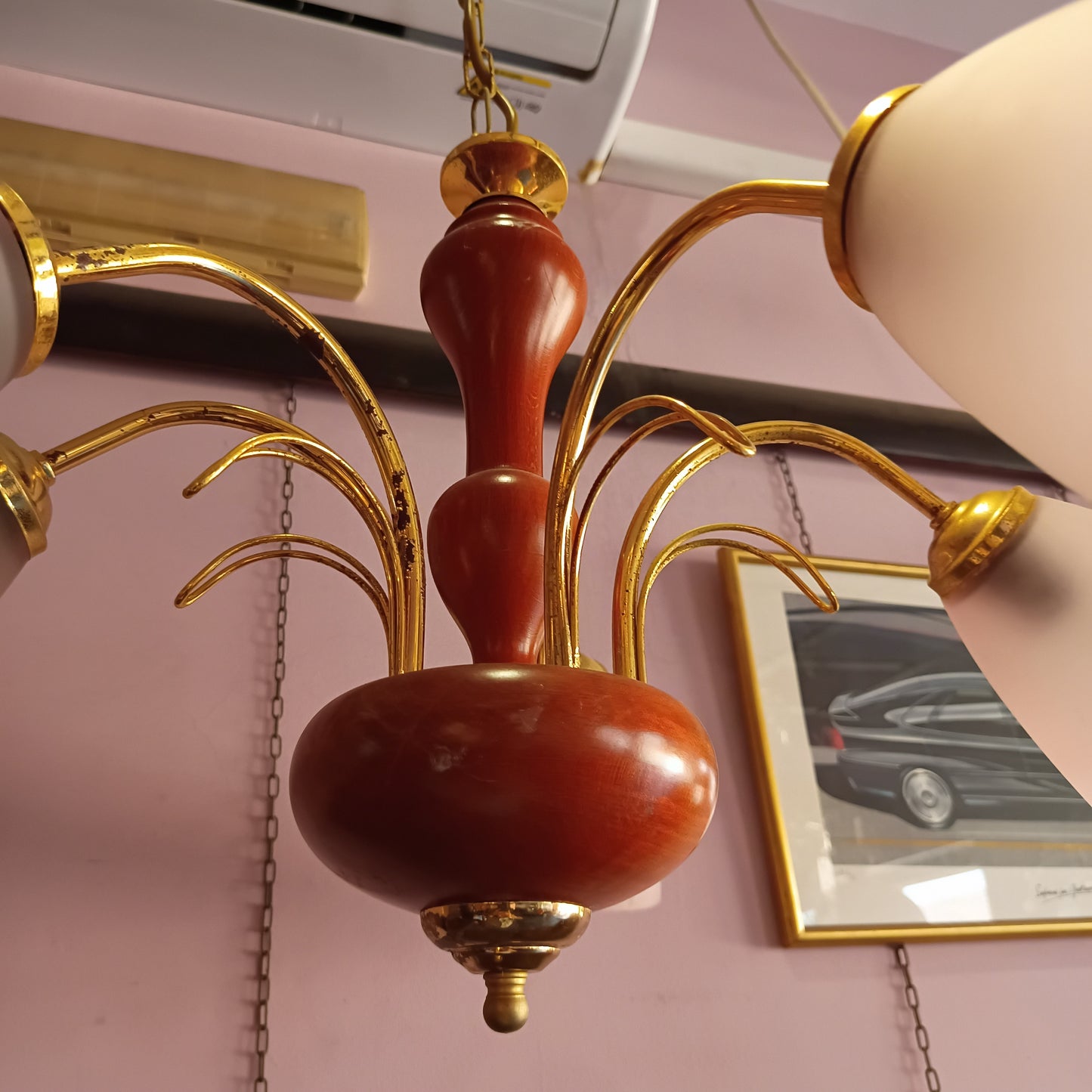 Lampadario Legno Ottone * 5 Coppe Vetro Rosa