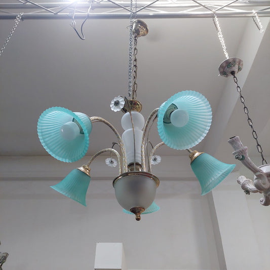 Lampadario Metallo Coppe Fiore Vetro Turchese 5 Luci