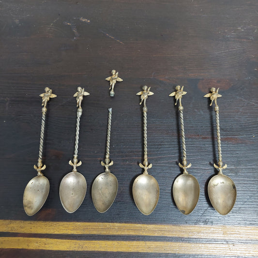 Set/6 Cucchiaini* Metallo Dorato Vintage Con Puttini