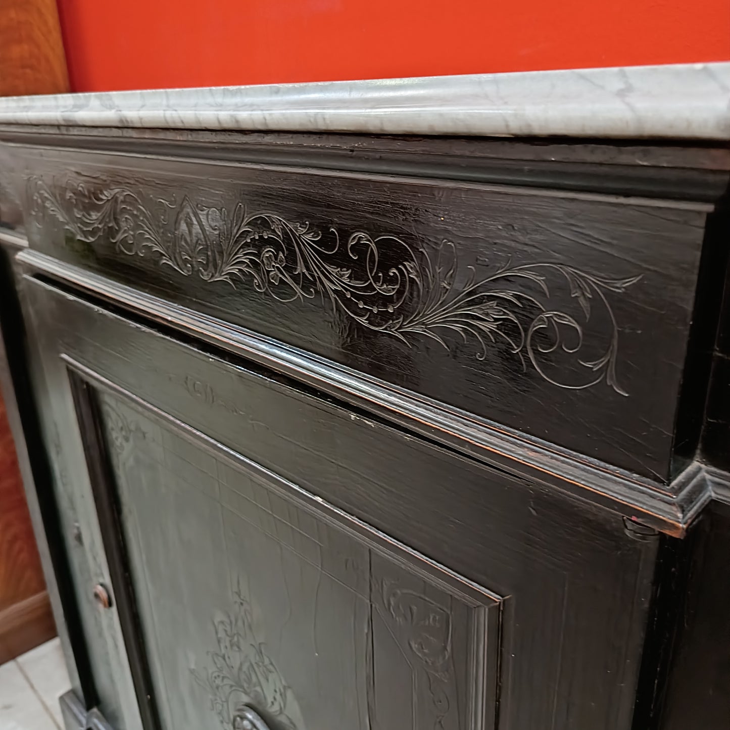 Credenza * Nera Antica 800 Siciliano Con Marmo Cm126x40x111h